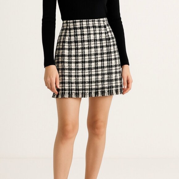 Preppy Tweed Plaid Skirt Large Mini Black & White Checkered Fringe Hem Classic - Picture 1 of 14